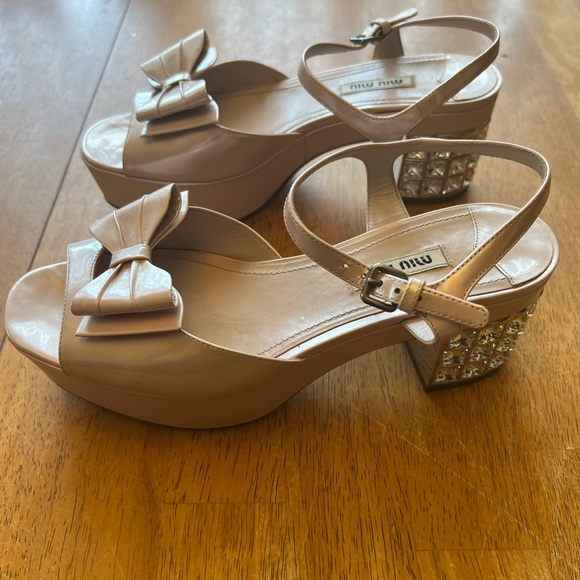 Miu miu pink platform sandals block heel crystals bow 38 1/2 - Picture 10 of 13